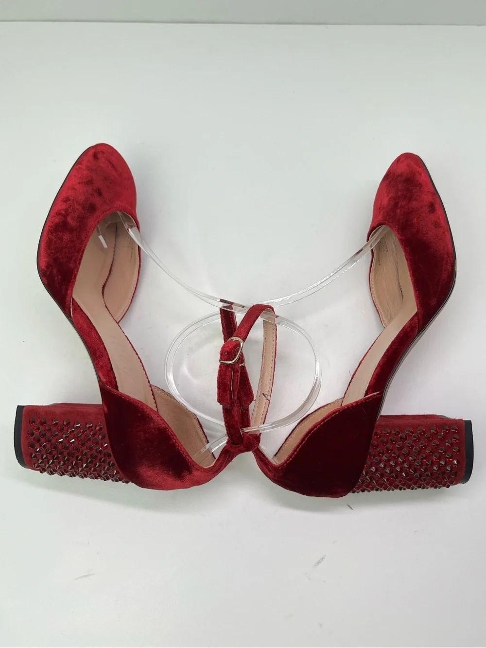 J. Crew Maisie Ruby Red Velvet Jewel Studded Ankle Strap Holiday Party Heels